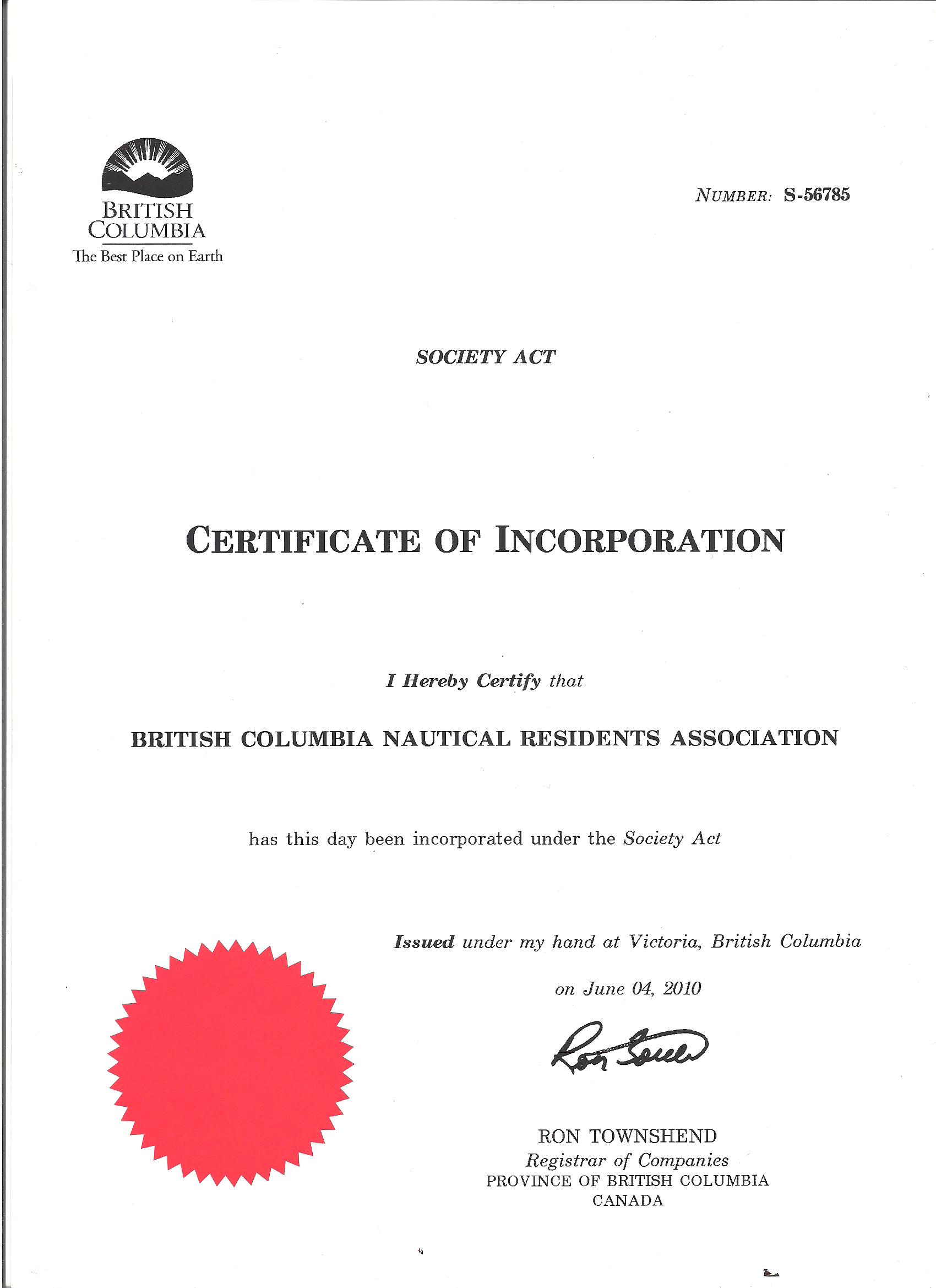BCNR Incorporation Certificate